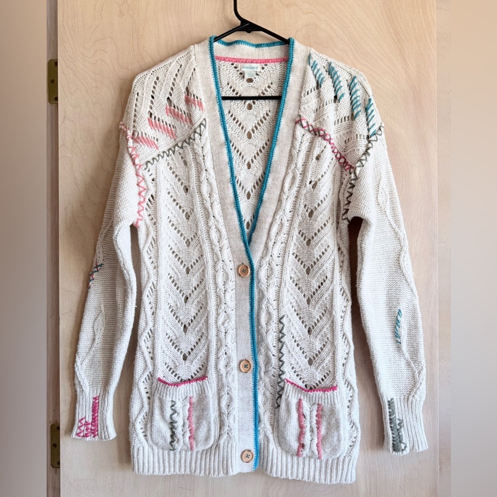 Sundance Art Knit Embroidered Cardigan Ivory Boho Button Front Women’s XS